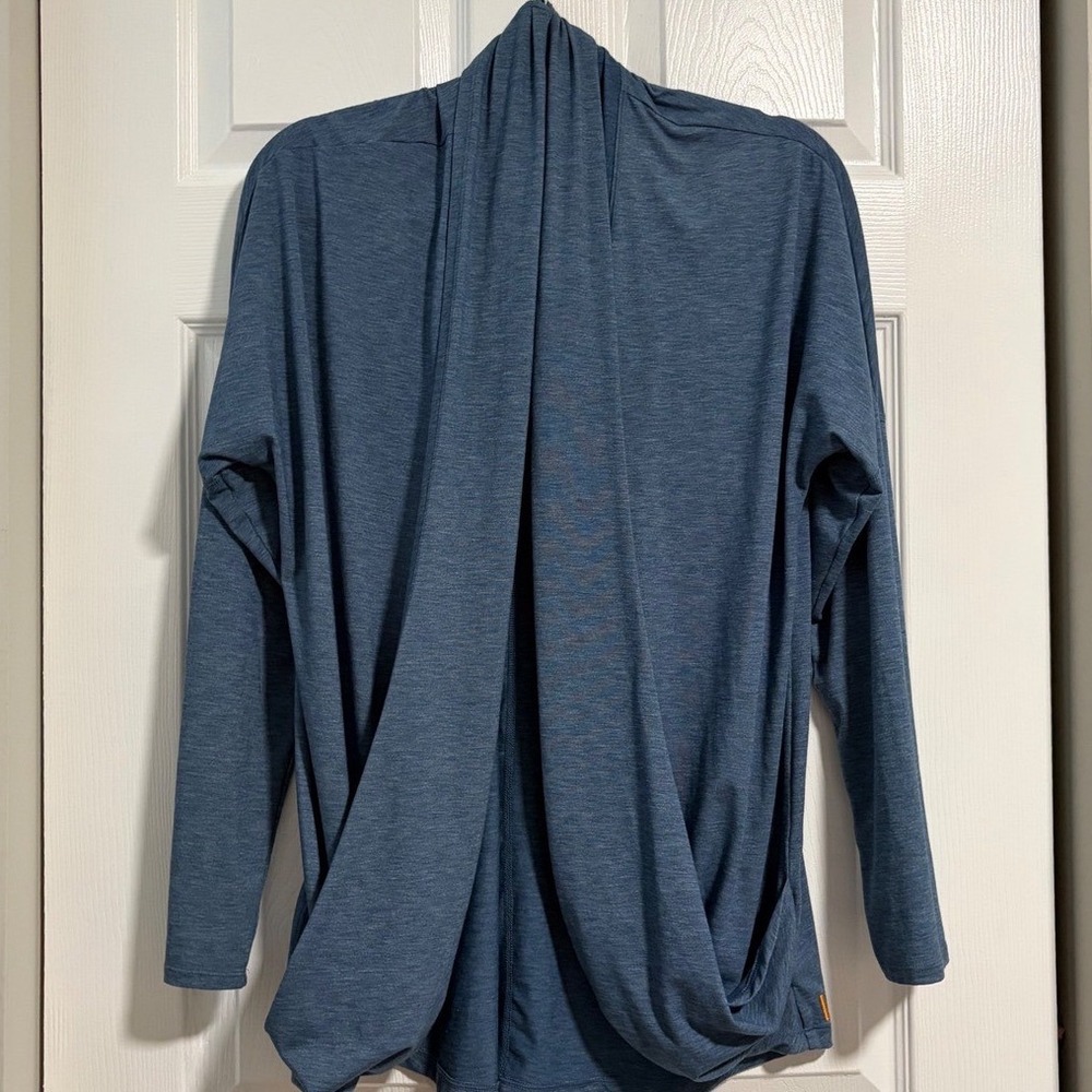 Lucy Activewear Open Front Cardigan Heathered Blue Draped Wrap Sweater HO16